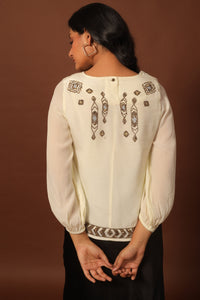 Thumbnail for Daniella Ivory & Metallic Gold Embroidered Crepe Top