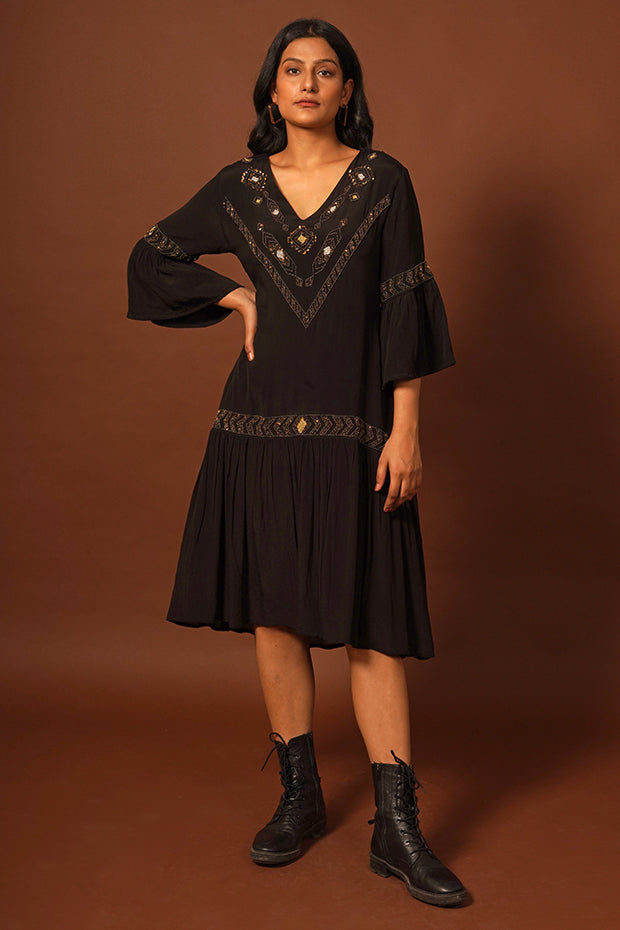 Alessia Black & Metallic Gold Embroidered Crepe Midi Dress