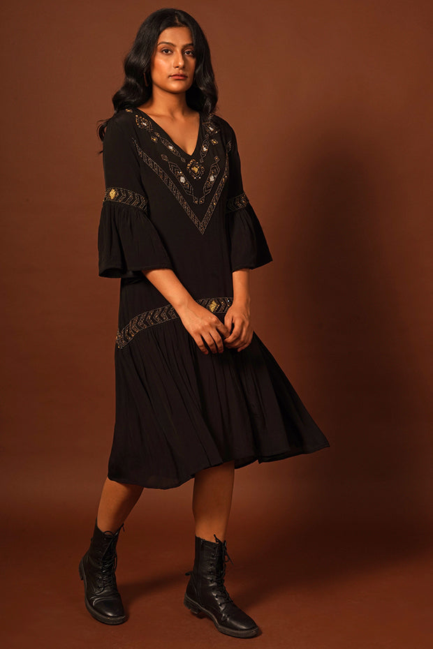 Alessia Black & Metallic Gold Embroidered Crepe Midi Dress