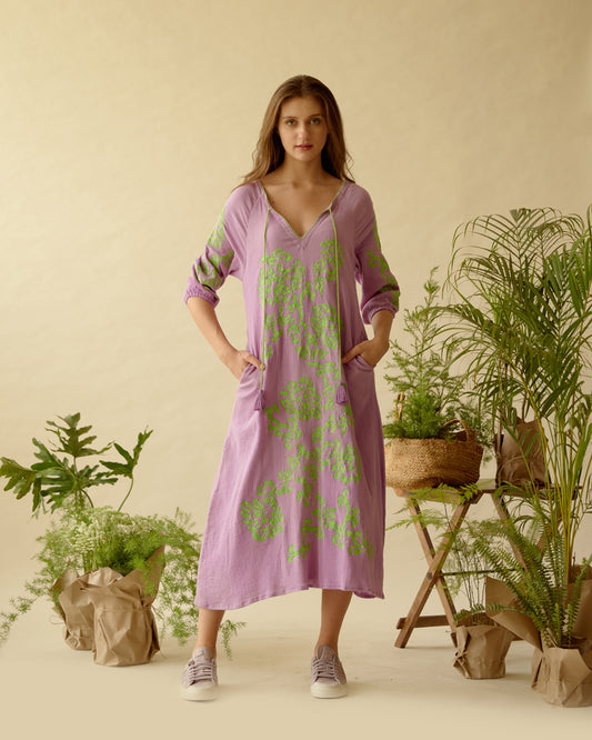 Sophia Purple/Green Cotton Embroidered Midi Dress