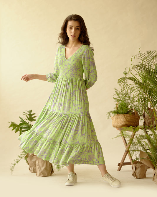 Hazel Green/Purple Modal Printed Midi Dress