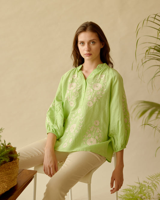 Ixia Linen Green /Off white Embroidered Top