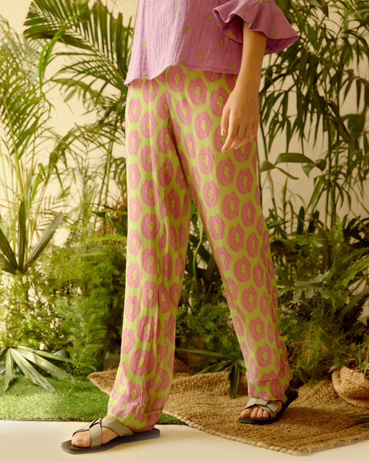 Jovita Green/Purple Printed Modal Satin Trousers