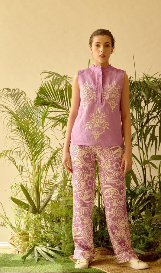 Jovita Purple and Off-White Printed Modal Satin Trousers